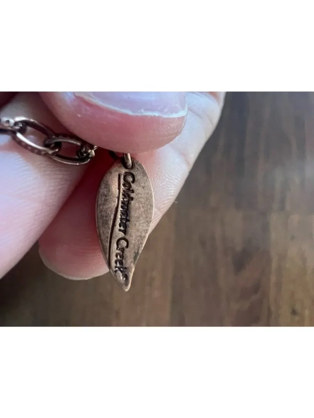 Vintage Coldwater Creek Necklace Wood Bead Brass Filigree Leaf Charm